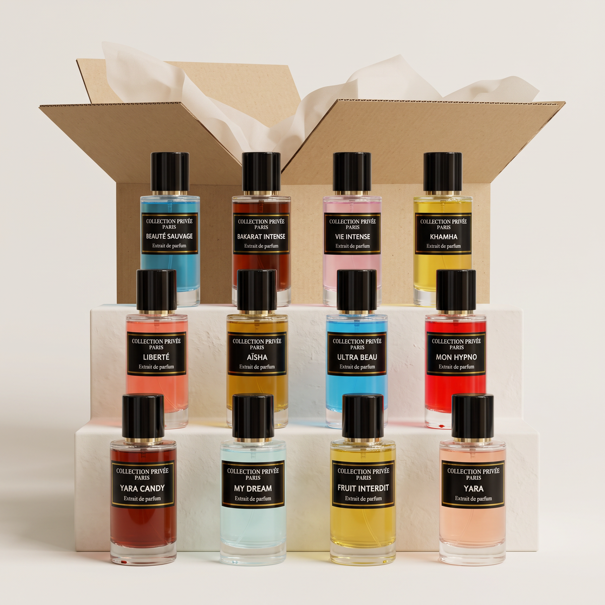 Box 12 parfums – douze extraits de parfum 50 ml devant leur carton d'envoi