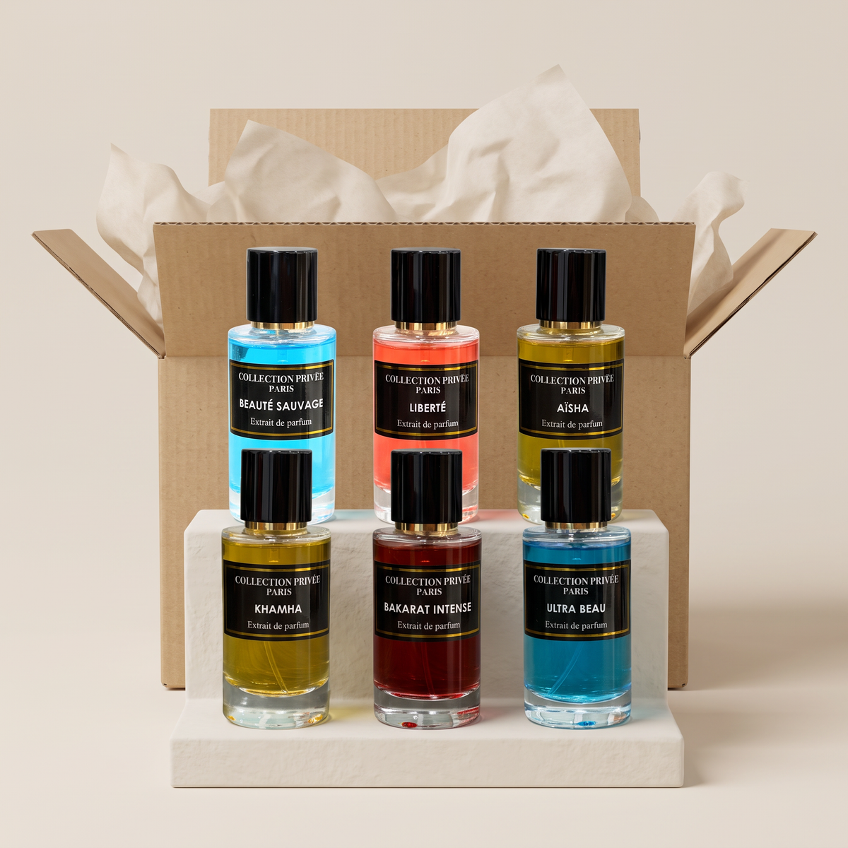Box 6 parfums – six extraits de parfum 50 ml devant leur carton d'envoi